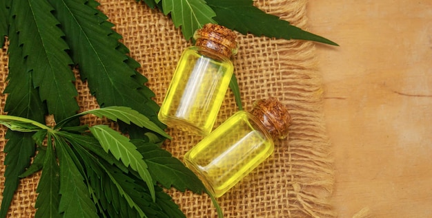 Cannabis essential oil in a small bottle Selective focus