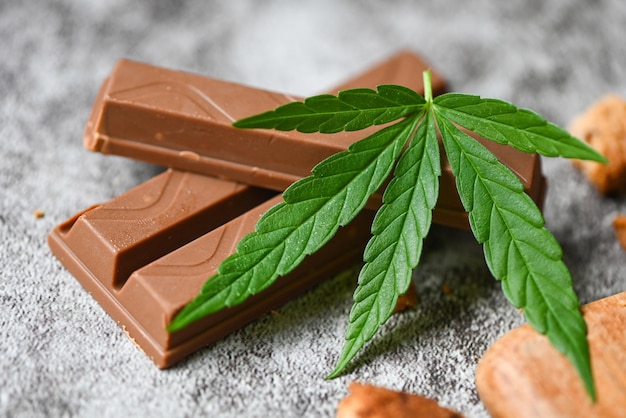 Cannabis food with chocolate cannabis leaf marijuana herb on dark background delicious sweet dessert cookie with hemp leaf plant THC CBD herbs food snack and medical