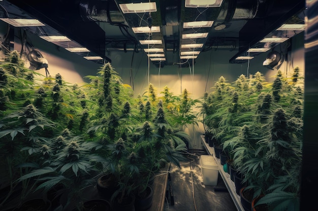 Cannabis grow room with closeup of flowering plants and their sticky resin