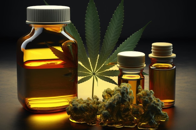 Cannabis and jars of cannabis oil extract