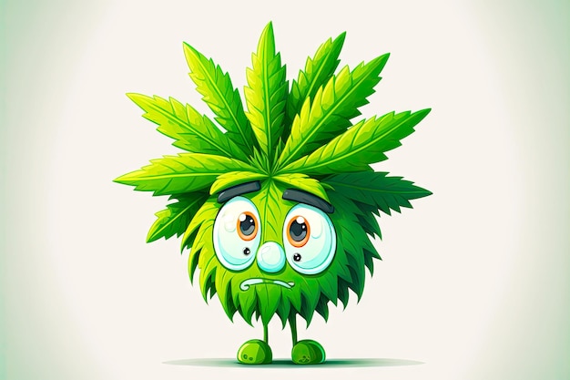 Cannabis leaf cartoon character with green ears face and leaves