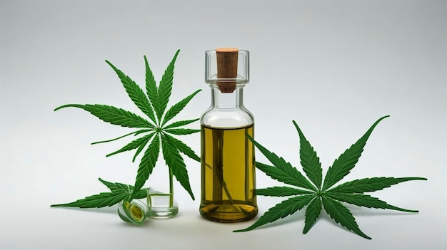 Cannabis leaf and oil bottle arrangement