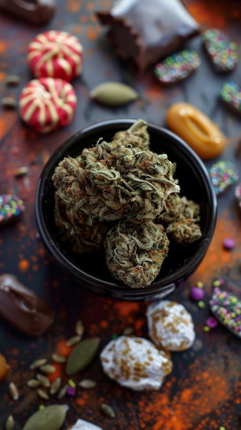 Photo cannabis oils and bud in a small bowl surrounded by sweet edibles