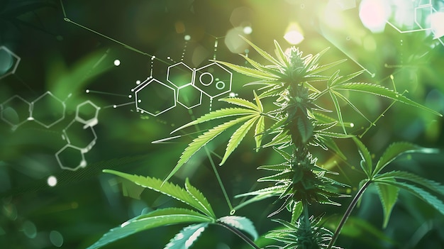 Photo cannabis plant with molecular structure overlay