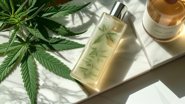 Cannabisinfused luxury pampering body lotion showcased on marble with lush cannabis foliage