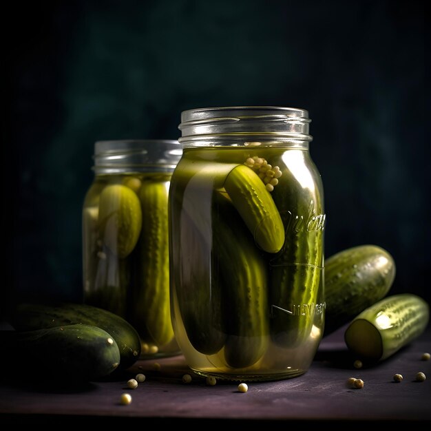 Canned cucumbers in glass jars on dark background pickles AI generated