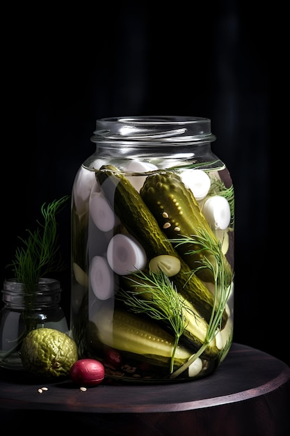 Canned cucumbers in a jar on black background pickles AI generated