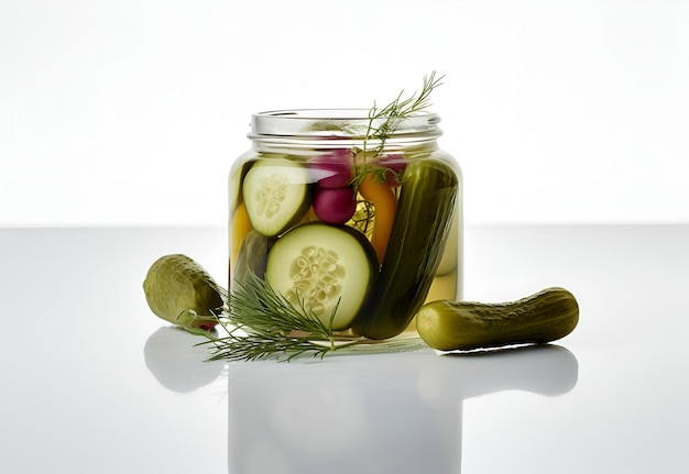 Canned cucumbers in a jar on white background pickles AI generated