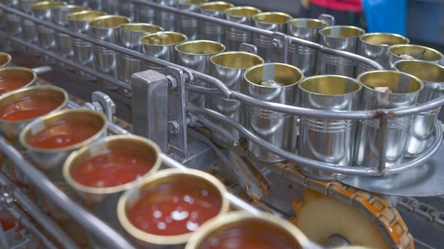 Canned fish factory Food industry Many can of sardines on a conveyor belt Sardines in red tomato