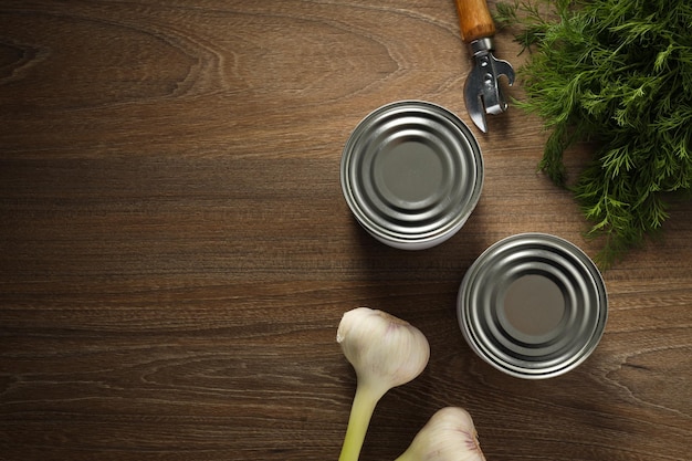 Canned food in blank metal jars concept of canned food