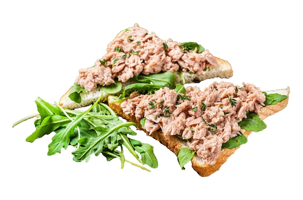 Canned Tuna Toasts or Sandwich with lettuce and arugula Isolated on white background top view