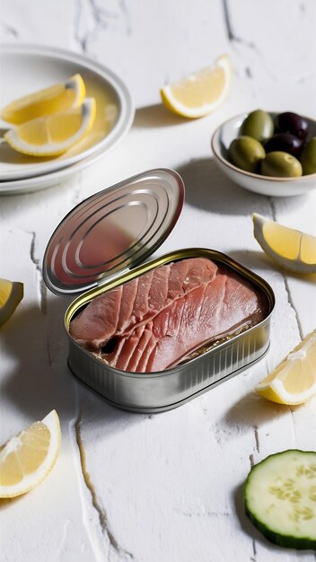 Photo canned tuna on white surface