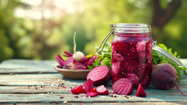 Photo canning beets on a wooden table in nature