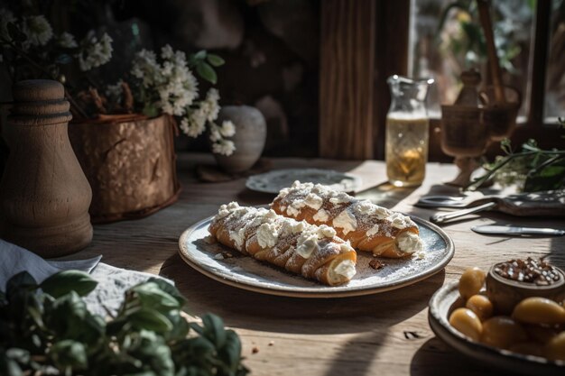 Cannoli alla ricotta siciliani served on a rustic wooden table