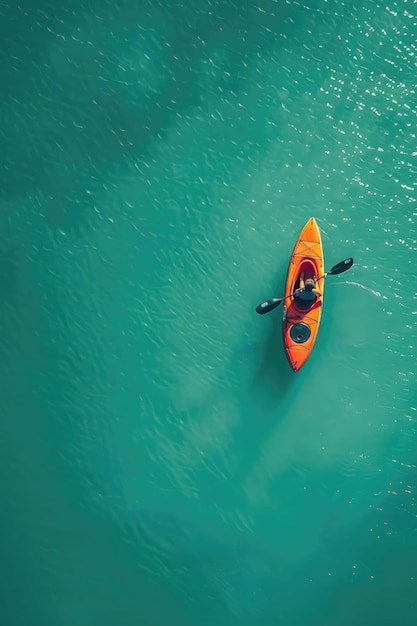 a canoe on a calm lake isolated on a solid teal background emphasizing the peacefulness of the scene