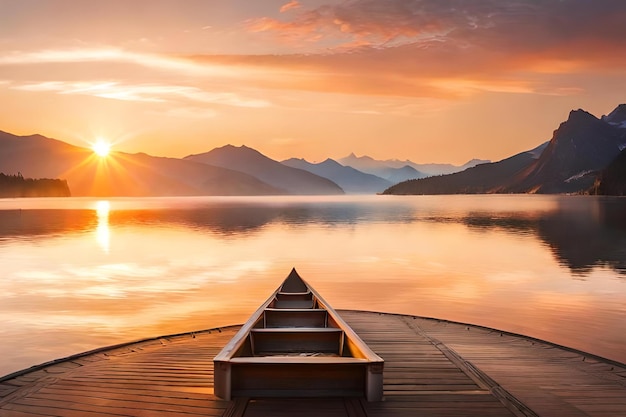 A canoe is docked at a lake with mountains in the background.