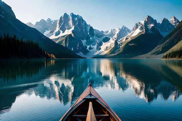 A canoe is in front of a mountain range.