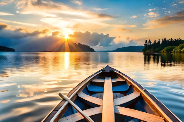 a canoe is on a lake with the sun shining through the clouds