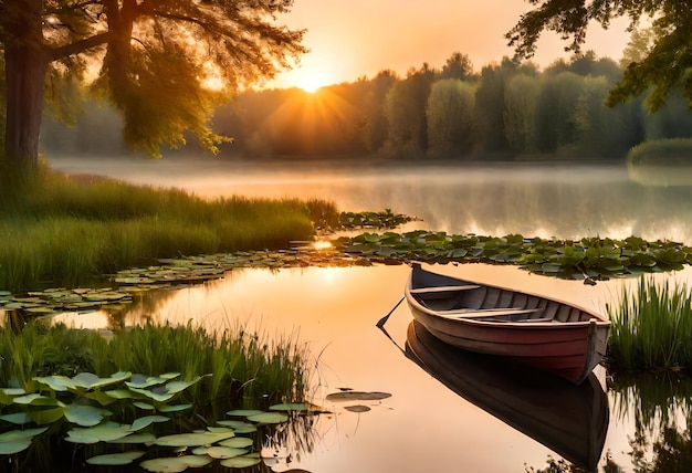 a canoe is on the water with a forest in the background