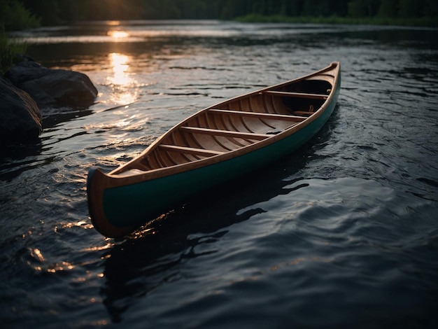 a canoe is in the water with the sun shining on the water