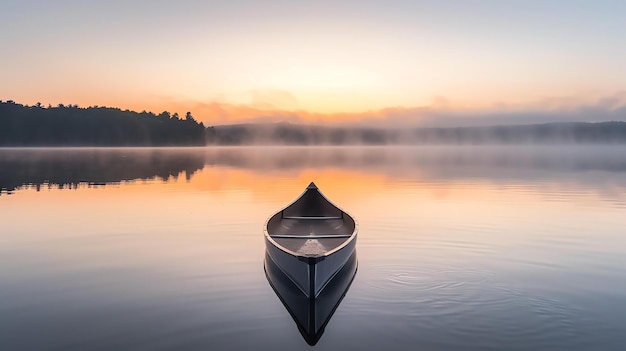 A canoe sits on a calm lake at sunrise The water is still and the sky is clear