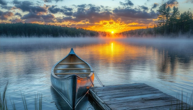 Canoe at Sunrise on a Misty Lake