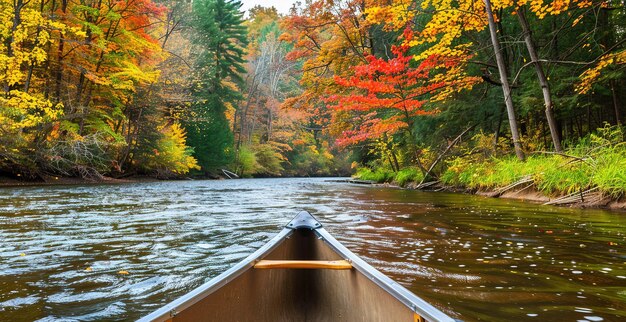 Photo canoeing along a calm river surrounded by vibrant autumn foliage in a serene forest