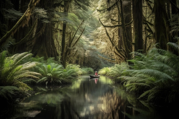 Canoeist exploring lush forest with tall trees and peaceful water created with generative ai