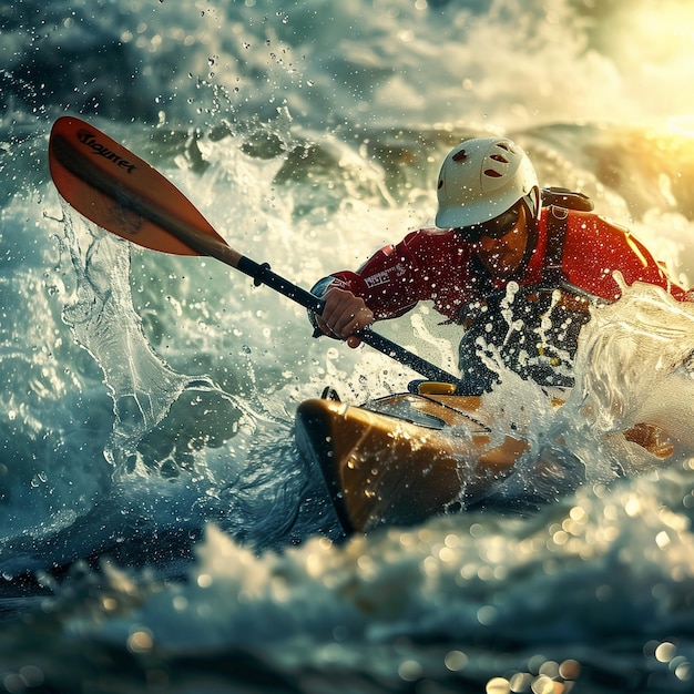 Canoeist navigating through turbulent waters and gates with splashes around