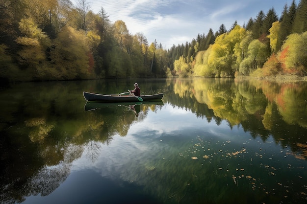 Canoeist paddling on quiet lake surrounded by nature created with generative ai