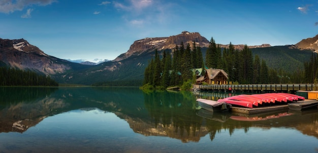 Canoes on beautiful Emerald Lake in Yoho National Park Canada