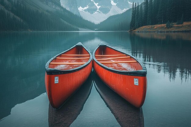 Photo canoes on calm lake mountain reflections photo