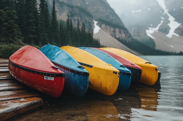 Photo canoes on lake with stunning mountain view photo