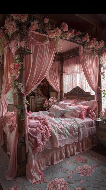 Photo a canopy bed with pink curtains bedding and floral accents