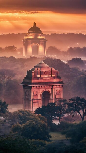 The canopy and the india gate at sunset in new delhi view from the national war memorial