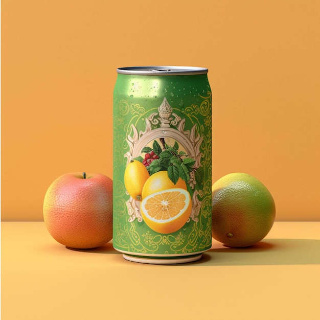 Cans of lemonade with fruits on a yellow background 3d rendering