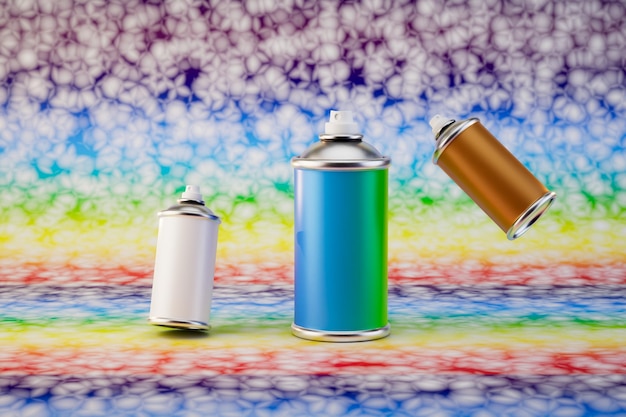 Cans of paint of white blue and red color on a multicolored background 3D render