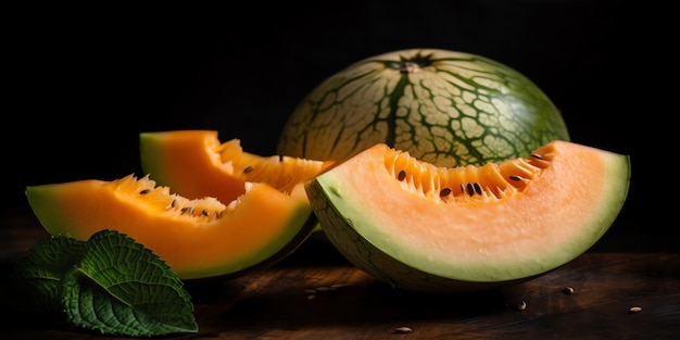 A cantaloupe is cut in half and has a black background.