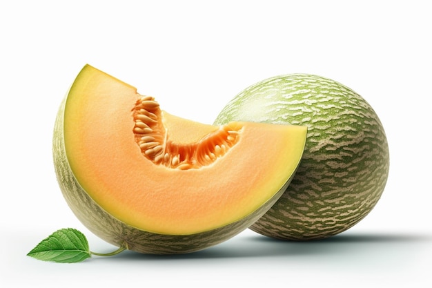 A cantaloupe is cut in half and has a slice of melon on it.