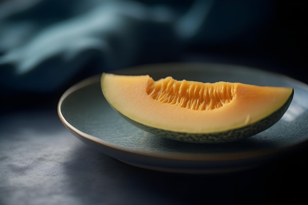 A cantaloupe is on a plate with a blue background.