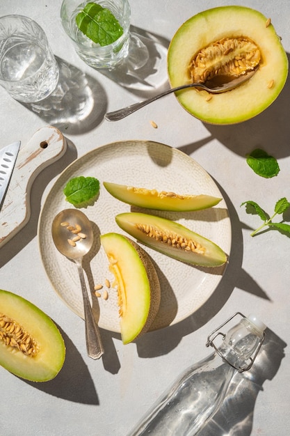 Cantaloupe melon fruit slice over bright background