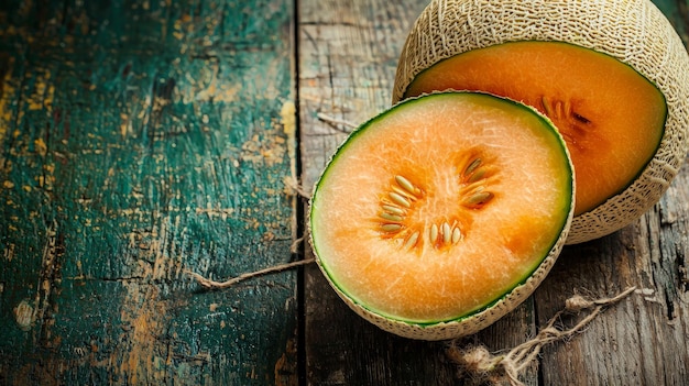 Cantaloupe Melon Slices on a Rustic Wooden Background