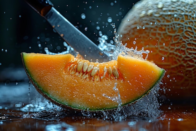 cantaloupe melon slices with knife and water drops and splashes on dark blue background