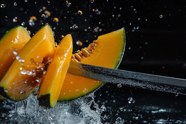 cantaloupe melon slices with knife and water drops and splashes on dark blue background