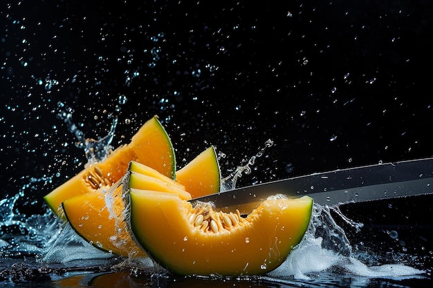 cantaloupe melon slices with knife and water drops and splashes on dark blue background