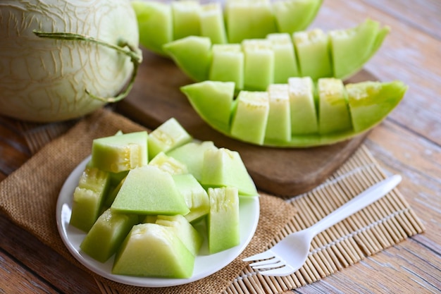 Cantaloupe thai slice fruit for health green cantaloupe thailand cantaloupe melon on plate wooden