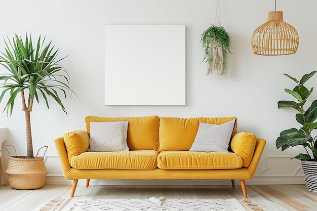 Canvas Mockup in Bright and Cheerful Living Room with Yellow Sofa and Modern Interior