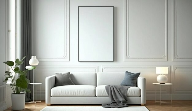 Canvas mockup in modern interior blank white frame on the wall of living room Generative Ai