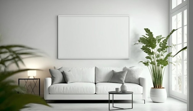 Canvas mockup in modern interior blank white frame on the wall of living room Generative Ai