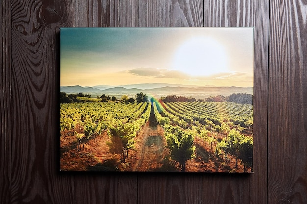 Canvas photo print hanging on wooden wall